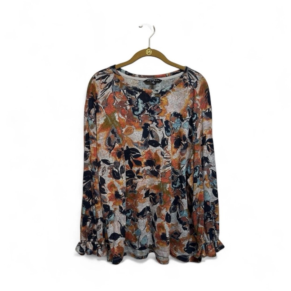 Zac & Rachel Autumn Floral Statement Sleeves Orange Gray Pullover Blouse Sz 2X